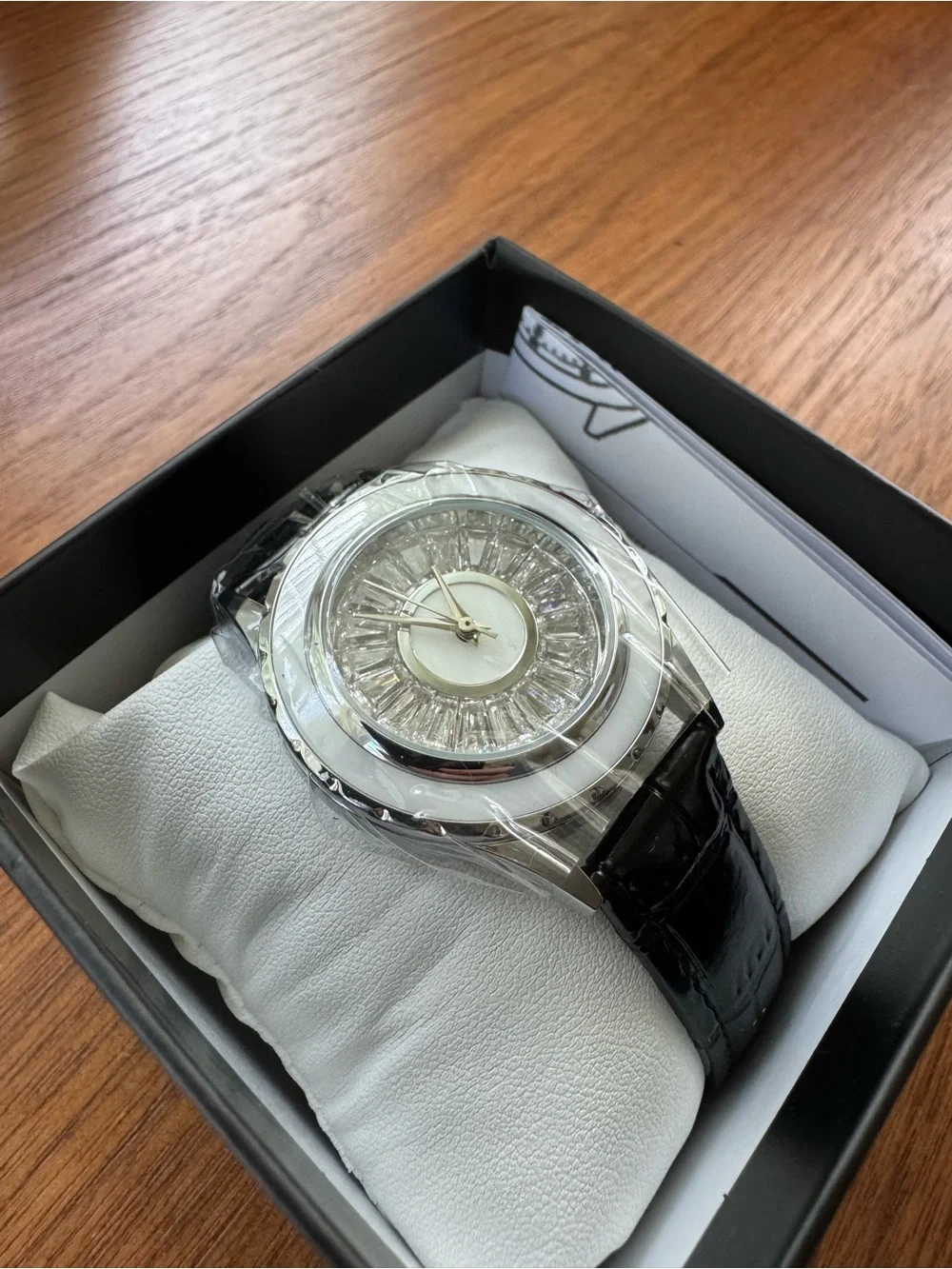 Luxury Silver Watch with Black Leather Strap